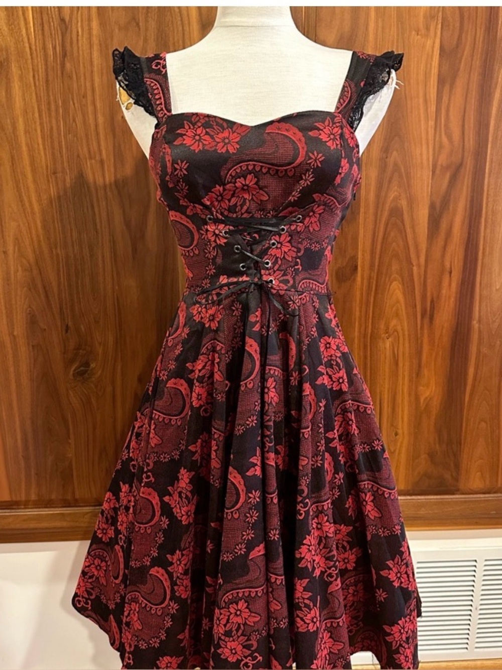 Red Paisley Midi Dress with Lace-Up Bodice